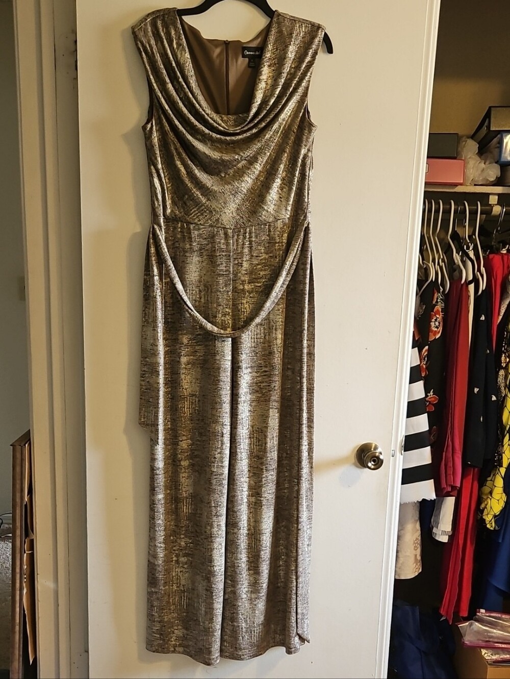 Connected Apparel Metallic Taupe Gold-Highlight Cowl Neck Maxi Dress